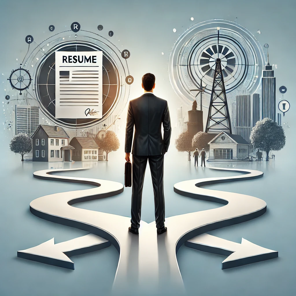 Professional standing at a crossroads holding a resume, symbolizing career change and new job opportunities.