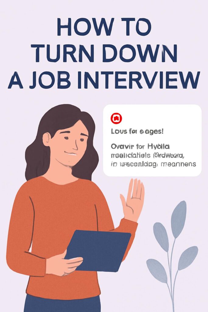 A young woman politely turning down a job interview via email, with a raised hand signaling refusal, set against a soft lavender background.